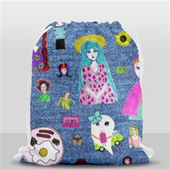 Blue Denim And Drawings Drawstring Bag (small) by snowwhitegirl
