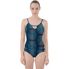 Blue Motif Design Cut Out Top Tankini Set by tmsartbazaar