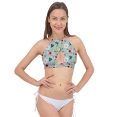 Flower White Blue Pattern Floral Cross Front Halter Bikini Top by Mariart