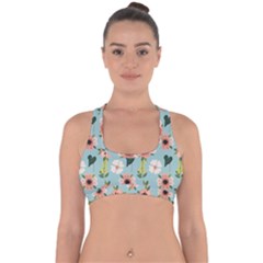 Flower White Blue Pattern Floral Cross Back Hipster Bikini Top  by Mariart