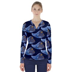 Queen Fish Doodle Art V-neck Long Sleeve Top by tmsartbazaar