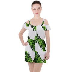 Green Banana Leaves Ruffle Cut Out Chiffon Playsuit by goljakoff