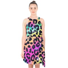 Animal Print Halter Collar Waist Tie Chiffon Dress by Sparkle