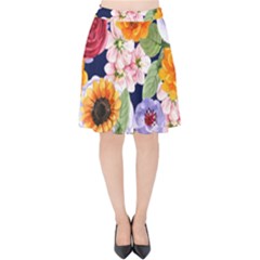 Watercolor Print Floral Design Velvet High Waist Skirt by designsbymallika