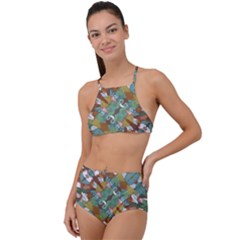 Multicolored Collage Print Pattern Mosaic High Waist Tankini Set by dflcprintsclothing