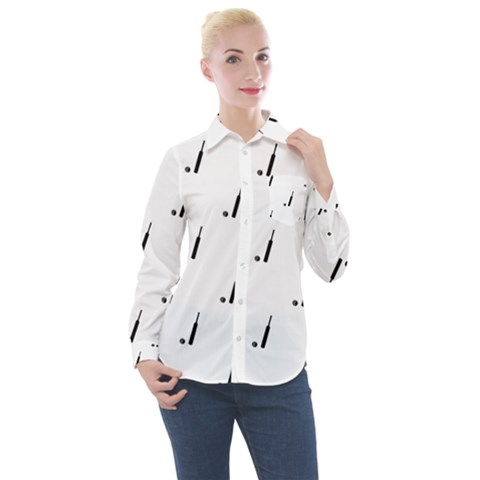 Black And White Cricket Sport Motif Print Pattern Women s Long Sleeve Pocket Shirt by dflcprintsclothing