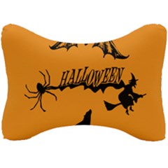 Happy Halloween Scary Funny Spooky Logo Witch On Broom Broomstick Spider Wolf Bat Black 8888 Black A Seat Head Rest Cushion by HalloweenParty