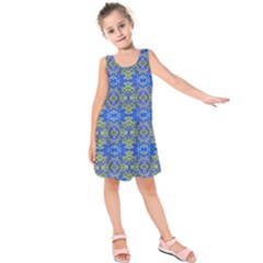 Gold And Blue Fancy Ornate Pattern Kids  Sleeveless Dress by dflcprintsclothing