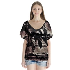 Dark Spring V-neck Flutter Sleeve Top by MRNStudios