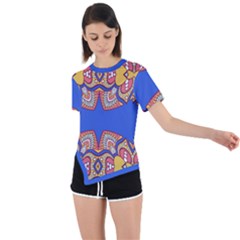 Yellow Red Shapes On A Blue Background                                                           Asymmetrical Short Sleeve Sports Tee by LalyLauraFLM