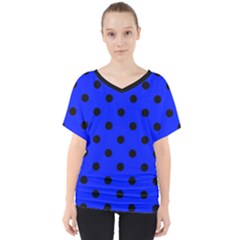 Large Black Polka Dots On Just Blue - V-neck Dolman Drape Top by FashionLane