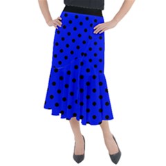 Large Black Polka Dots On Just Blue - Midi Mermaid Skirt by FashionLane