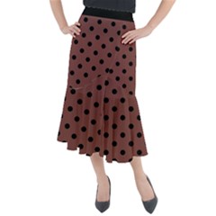 Large Black Polka Dots On Bole Brown - Midi Mermaid Skirt by FashionLane