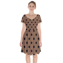 Large Black Polka Dots On Brown Bear - Short Sleeve Bardot Dress by FashionLane