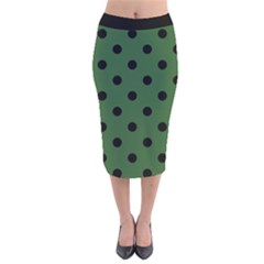 Large Black Polka Dots On Basil Green - Velvet Midi Pencil Skirt by FashionLane