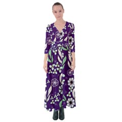 Floral Blue Pattern  Button Up Maxi Dress by MintanArt