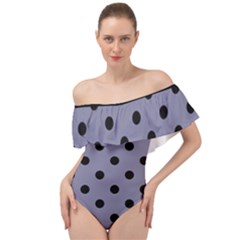 Large Black Polka Dots On Flint Grey - Off Shoulder Velour Bodysuit  by FashionLane