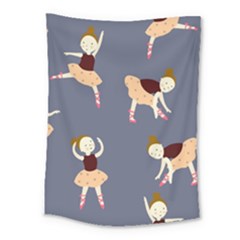 Cute  Pattern With  Dancing Ballerinas On The Blue Background Medium Tapestry by EvgeniiaBychkova