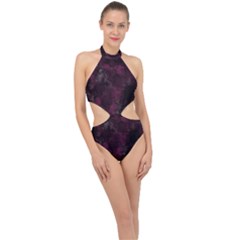 Purple Alcohol Ink Halter Side Cut Swimsuit by Dazzleway