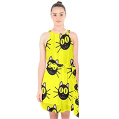 Cats Heads Pattern Design Halter Collar Waist Tie Chiffon Dress by Amaryn4rt