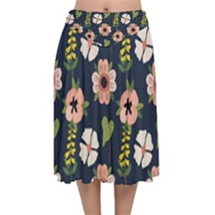 Flower White Grey Pattern Floral Velvet Flared Midi Skirt by Dutashop