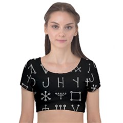 Heinrich Cornelius Agrippa Of Occult Philosophy 1651 Malachim Alphabet Collected Inverted Square Velvet Short Sleeve Crop Top  by WetdryvacsLair