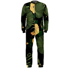 Tropical Vintage Yellow Hibiscus Floral Green Leaves Seamless Pattern Black Background  Onepiece Jumpsuit (men)  by Sobalvarro