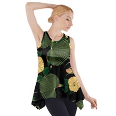 Tropical Vintage Yellow Hibiscus Floral Green Leaves Seamless Pattern Black Background  Side Drop Tank Tunic by Sobalvarro