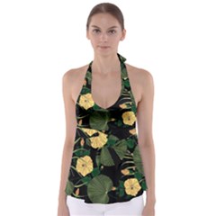 Tropical Vintage Yellow Hibiscus Floral Green Leaves Seamless Pattern Black Background  Babydoll Tankini Top by Sobalvarro