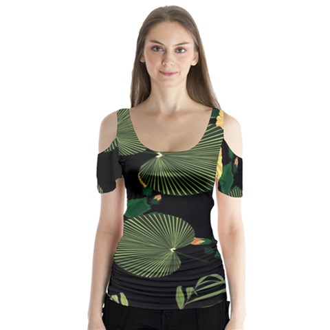 Tropical Vintage Yellow Hibiscus Floral Green Leaves Seamless Pattern Black Background  Butterfly Sleeve Cutout Tee  by Sobalvarro