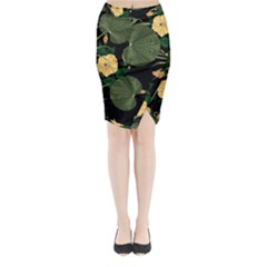 Tropical Vintage Yellow Hibiscus Floral Green Leaves Seamless Pattern Black Background  Midi Wrap Pencil Skirt by Sobalvarro