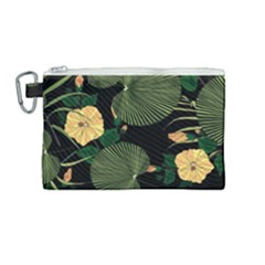 Tropical Vintage Yellow Hibiscus Floral Green Leaves Seamless Pattern Black Background  Canvas Cosmetic Bag (medium) by Sobalvarro
