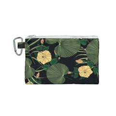 Tropical Vintage Yellow Hibiscus Floral Green Leaves Seamless Pattern Black Background  Canvas Cosmetic Bag (small) by Sobalvarro