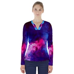 Colorful Pink And Blue Disco Smoke - Mist, Digital Art V-neck Long Sleeve Top by picsaspassion