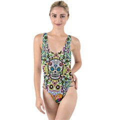 Sugar Skulls Pattern High Leg Strappy Swimsuit by ExtraAwesomeSauce