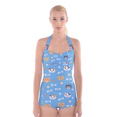 Cute Cat Pattern Boyleg Halter Swimsuit  by ExtraAwesomeSauce
