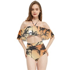 Sunset Palm Trees Beach Summer Halter Flowy Bikini Set  by ExtraAwesomeSauce