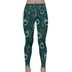 Watercolor Peacock Feather Pattern Lightweight Velour Classic Yoga Leggings by ExtraAwesomeSauce