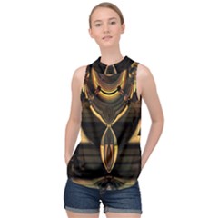 Black And Gold Abstract Line Art Pattern High Neck Satin Top by CrypticFragmentsDesign