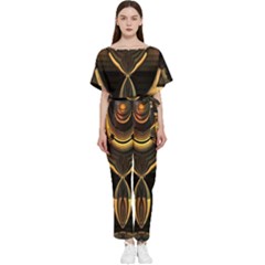 Black And Gold Abstract Line Art Pattern Batwing Lightweight Jumpsuit by CrypticFragmentsDesign