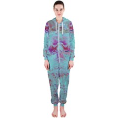 Retro Hippie Abstract Floral Blue Violet Hooded Jumpsuit (ladies)  by CrypticFragmentsDesign