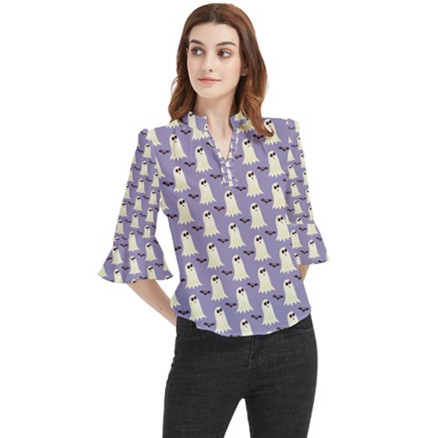 Halloween Ghost Bat Loose Horn Sleeve Chiffon Blouse by Dutashop