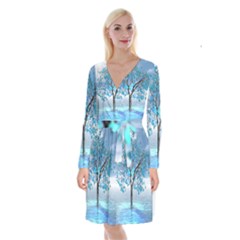 Crystal Blue Tree Long Sleeve Velvet Front Wrap Dress by icarusismartdesigns