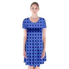 Basket Weave Basket Pattern Blue Short Sleeve V-neck Flare Dress by Dutashop
