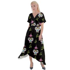 Skull Pattern Cross Front Sharkbite Hem Maxi Dress by Sparkle