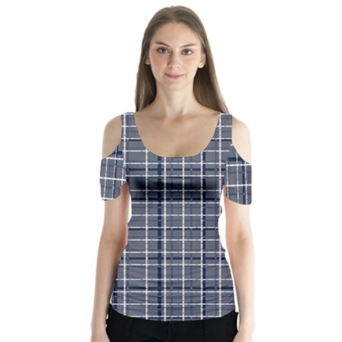 Pattern Carreaux Bleu/blanc Butterfly Sleeve Cutout Tee  by kcreatif