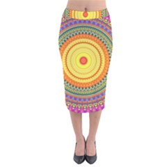 Neon Calliope Kaleidoscope Mandala Velvet Midi Pencil Skirt by CrypticFragmentsDesign