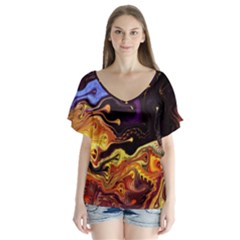 Nebula Starry Night Skies Abstract Art V-neck Flutter Sleeve Top by CrypticFragmentsDesign
