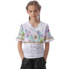 Minimal Gold Floral Marble Kids  V-neck Horn Sleeve Blouse by gloriasanchez