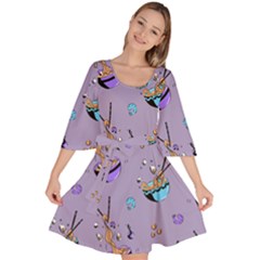 Japanese Ramen Sushi Noodles Rice Bowl Food Pattern Velour Kimono Dress by DinzDas